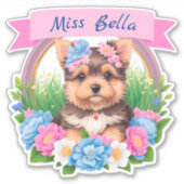 ピンクのリボン、ヨークシャーとカラフルの花カスタムの シール (正面)