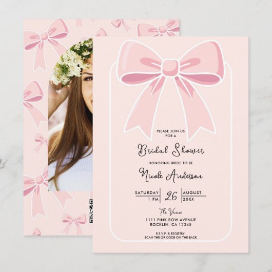 ピンクのリボン 可愛らしい コケティッシュな コテージ風の 花嫁のシャワー 招待状 (正面/裏面)