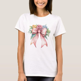 ピンクのリボン 水彩 花柄 コケット女子 Tシャツ