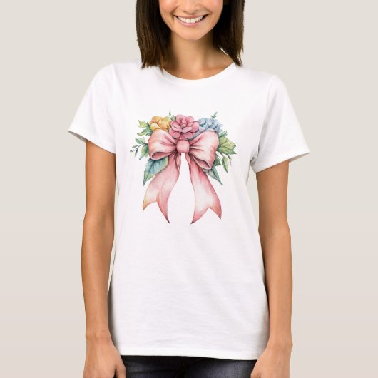 ピンクのリボン 水彩 花柄 コケット女子 Tシャツ (正面)