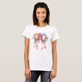 ピンクのリボン 水彩 花柄 コケット女子 Tシャツ (正面フル)
