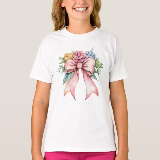 ピンクのリボン 水彩 花柄 コケット ガールズ Tシャツ (正面)