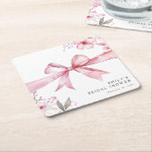 ピンクのリボン 結婚式前祝い スクエアペーパーコースター (アングル)