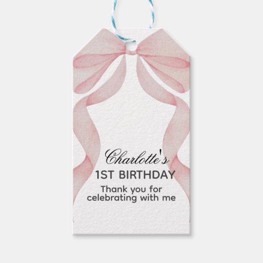 ピンクのリボン 1歳の誕生日 ギフトタグ (正面)