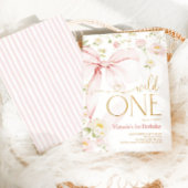 ピンクのリボン Wild One 女の子の1歳の誕生日 招待状