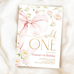 ピンクのリボン Wild One 女の子の1歳の誕生日 招待状