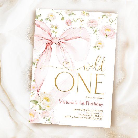ピンクのリボン Wild One 女の子の1歳の誕生日 招待状