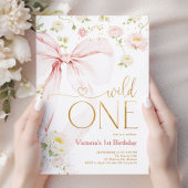 ピンクのリボン Wild One 女の子の1歳の誕生日 招待状