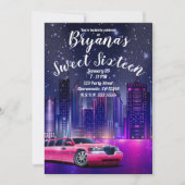 ピンクのリムジン シティ Sweet 16 誕生日フォト 招待状 (正面)