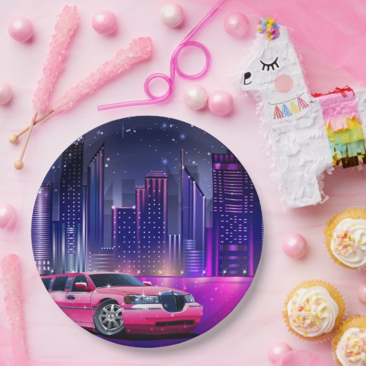ピンクのリモジンが彩るシティ スイート16 誕生日パーティー ペーパープレート (パーティー)