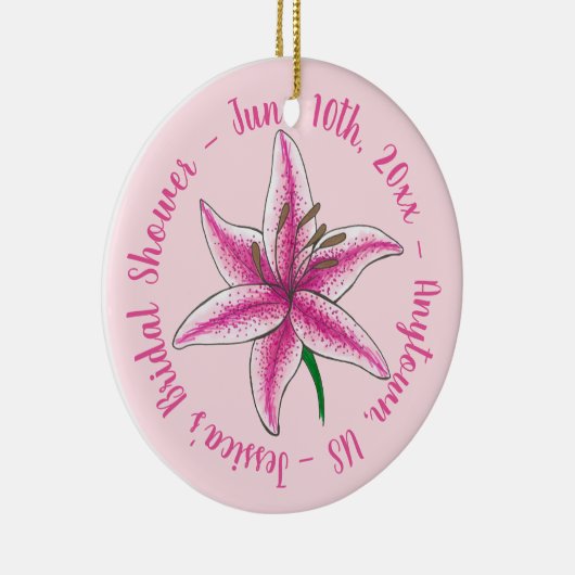 ピンクのリリーの花のウェディング ブライダルシャワー セラミックオーナメント (右)