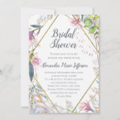 ピンクのリリーの花の幾何学的な水彩画のウェディング 招待状 (正面)