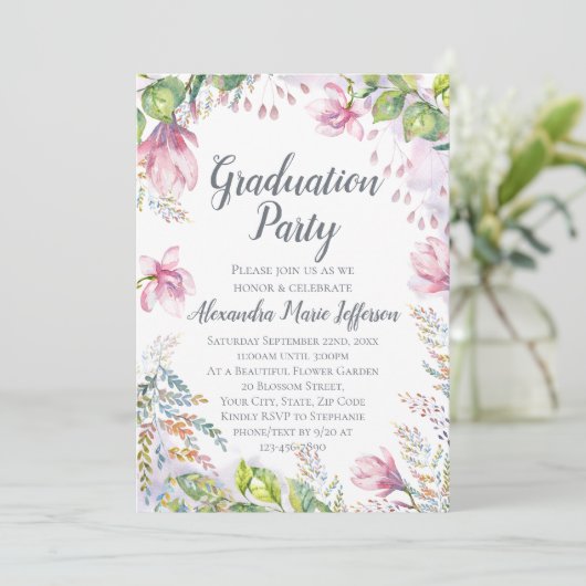 ピンクのリリーフラワーウォーターの色のフローラ女の子の卒業 招待状 (スタンド正面)