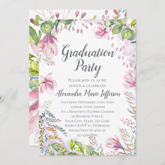 ピンクのリリーフラワーウォーターの色のフローラ女の子の卒業 招待状 (正面/裏面)