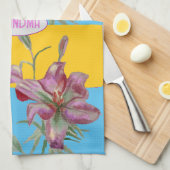 ピンクのリリーユリアート祖母の名前の装飾 キッチンタオル (四つ折り)
