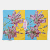 ピンクのリリーユリアート祖母の名前の装飾 キッチンタオル (横)