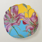 ピンクのリリーユリアート祖母の名前の装飾 ラウンドクッション (裏面)