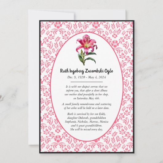 ピンクのリリーヨーロッパスタイル死の発表カード 案内状 (正面)
