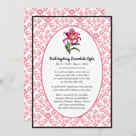 ピンクのリリーヨーロッパスタイル死の発表カード 案内状 (正面/裏面)