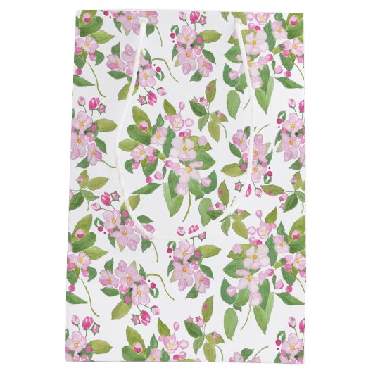 ピンクのリンゴの花の模様（白） ミディアムペーパーバッグ (裏面)