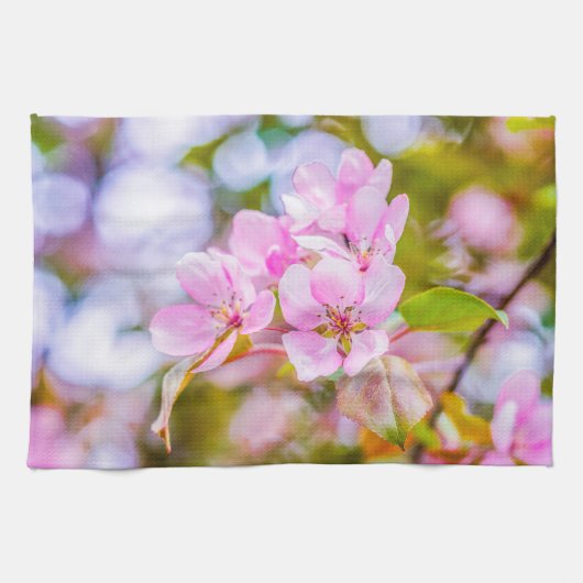 ピンクのリンゴの花 キッチンタオル (横)
