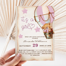 ピンクのルーズテディベアの女の子のベイビーシャワーの招待状