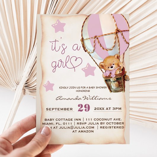 ピンクのルーズテディベアの女の子のベイビーシャワーの招待状 招待状