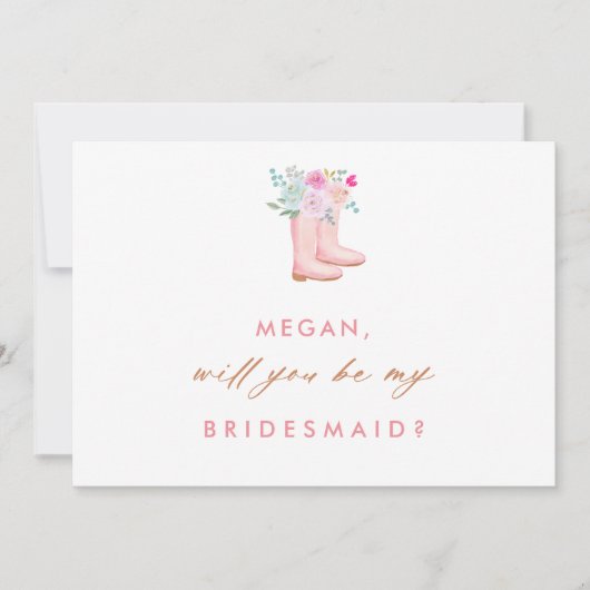 ピンクのレインブーツ&フラワーブライドメイド提案カード 招待状 (正面)