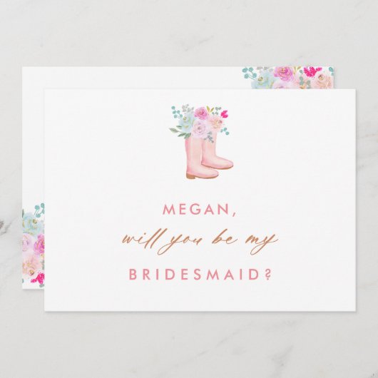 ピンクのレインブーツ&フラワーブライドメイド提案カード 招待状 (正面/裏面)