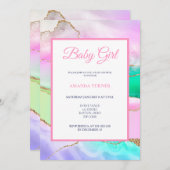 ピンクのレインボーアゲートガールベビーシャワー 招待状 (正面/裏面)