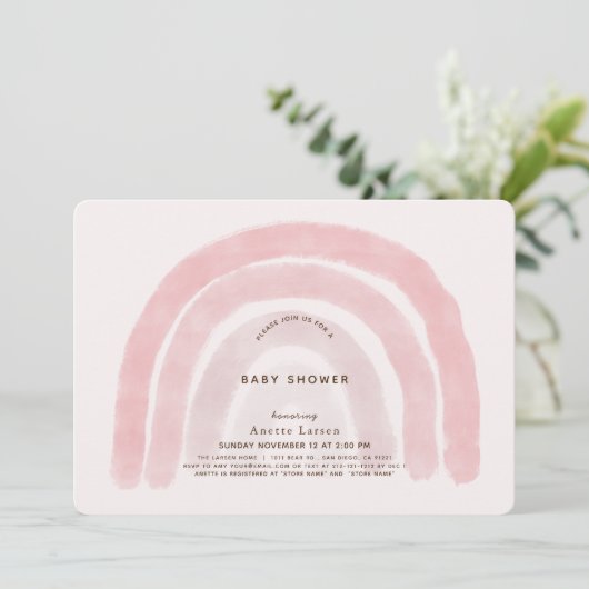 ピンクのレインボーウォーターカラーガールベビーシャワー 招待状 (スタンド正面)