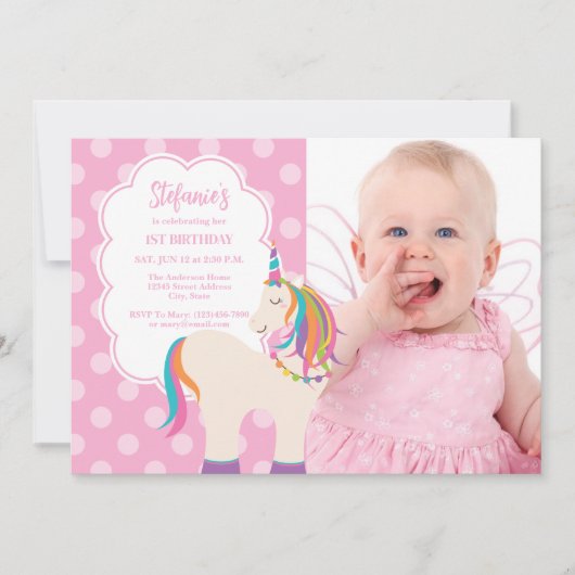 ピンクのレインボーガーリーユニコーン第1バースデーフォト 招待状 (正面)