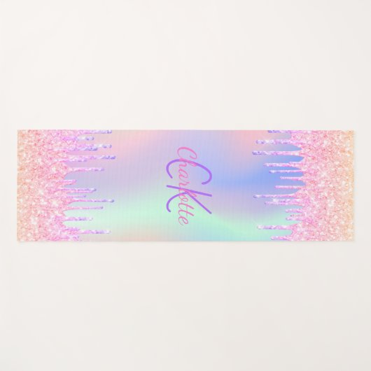 ピンクのレインボーグリッターはホログラフィックモノグラムを乾燥させる ヨガマット (正面(横))