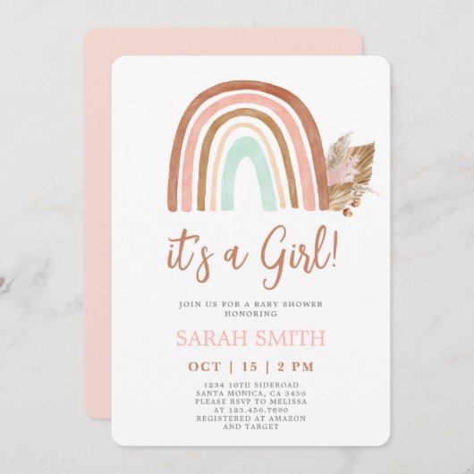 ピンクのレインボーベビーシャワーガール 招待状 (正面/裏面)