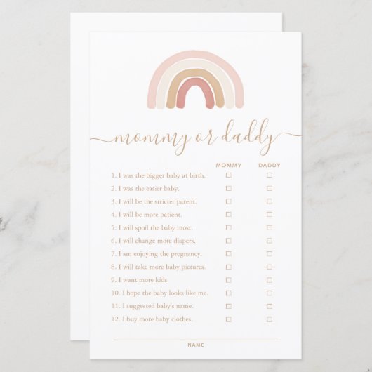 ピンクのレインボーママまたはパパ赤ちゃんシャワーゲーム (正面/裏面)