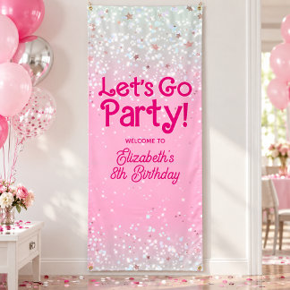 ピンクのレッツゴーパーティー誕生日ウェルカムバナー 横断幕
