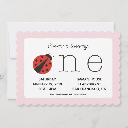 ピンクのレディバグの最初の誕生日の招待 招待状 (正面)
