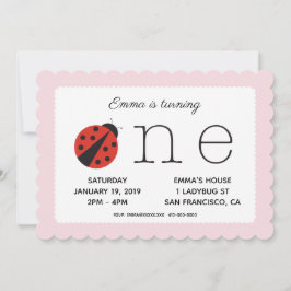 ピンクのレディバグの最初の誕生日の招待 招待状