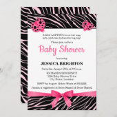 ピンクのレディバグゼブラストライプベビーシャワー 招待状 (正面/裏面)