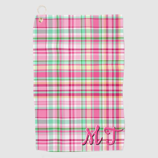 ピンクのレディースリッパーワイルドフラワープレイドピンクとグリーン ゴルフタオル (正面)