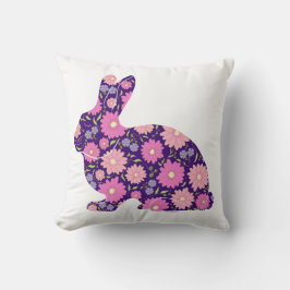 ピンクのレトロうさぎと花 クッション
