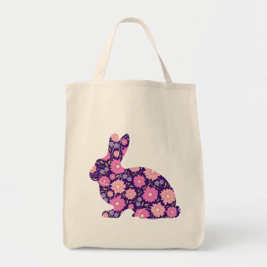ピンクのレトロうさぎと花 トートバッグ (正面)