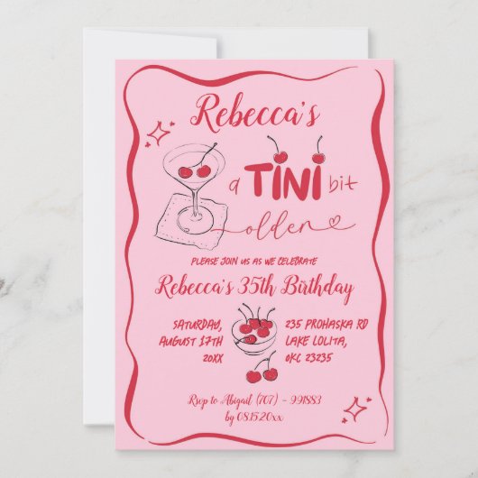 ピンクのレトロさくらんぼティニビットオールド大人誕生日 招待状 (正面)