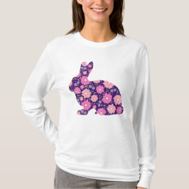 ピンクのレトロなウサギとお花 Tシャツ