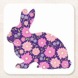 ピンクのレトロなウサギと花 スクエアペーパーコースター