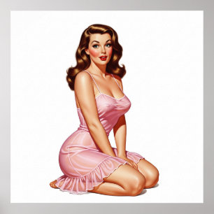 ピンクのレトロなブルネットのピンナップガール ポスター