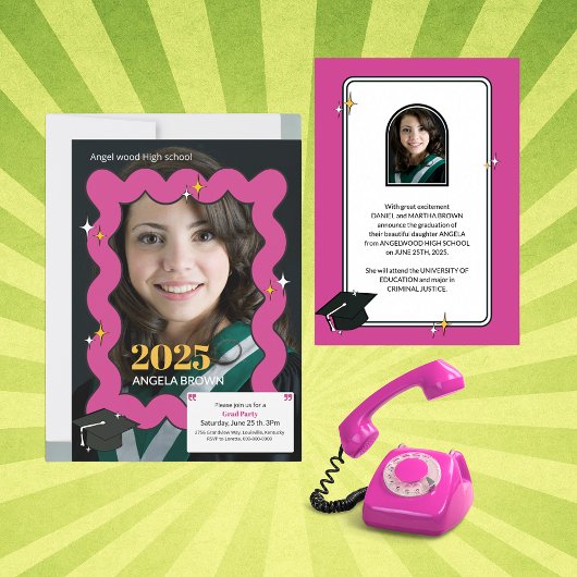 ピンクのレトロな波状卒業 案内状