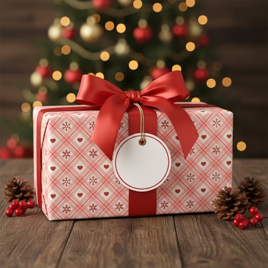 ピンクのレトロな雪の結晶とハートのシームレスパターン ラッピングペーパー