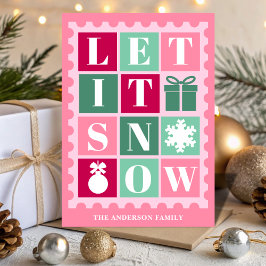 ピンクのレトロな雪の降るクリスマス郵便スタンプ シーズンカード