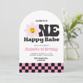 ピンクのレトロな1歳の誕生日 招待状 (スタンド正面)
